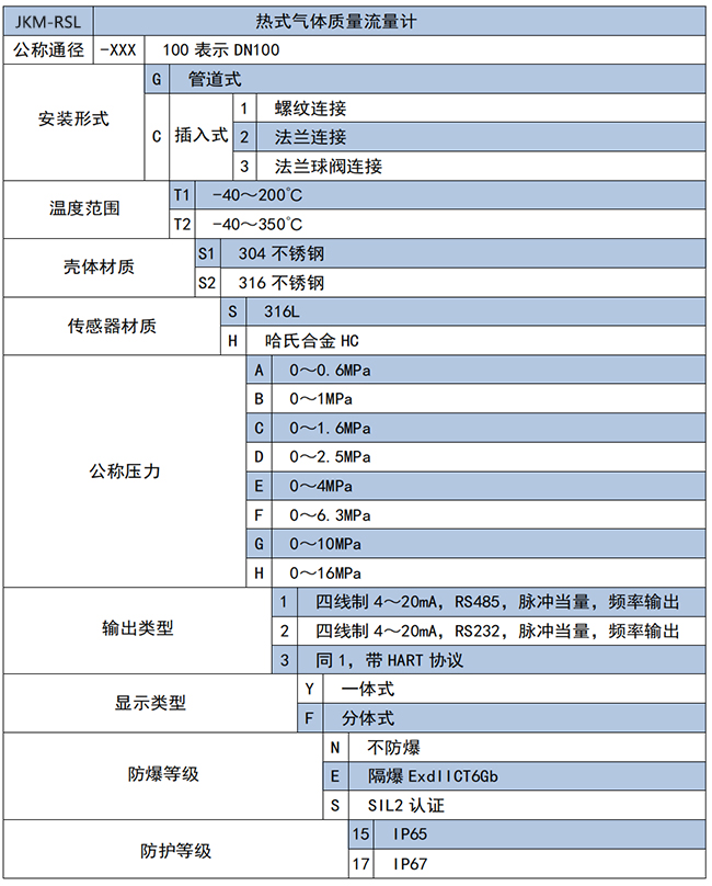 插入式熱式氣體質(zhì)量流量計選項表